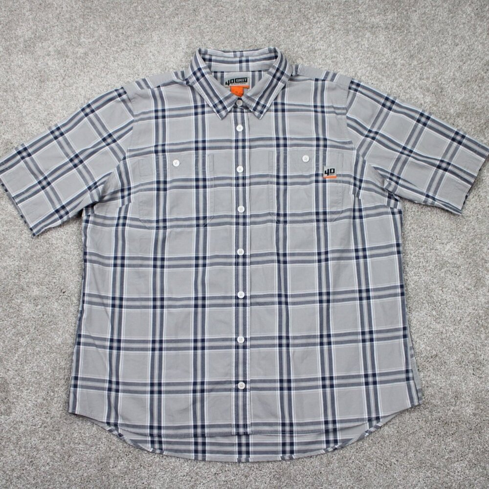 40 Grit Shirt Womens XL Gray/Blue Plaid 100% Cotton Short Sleeve Button Up‎